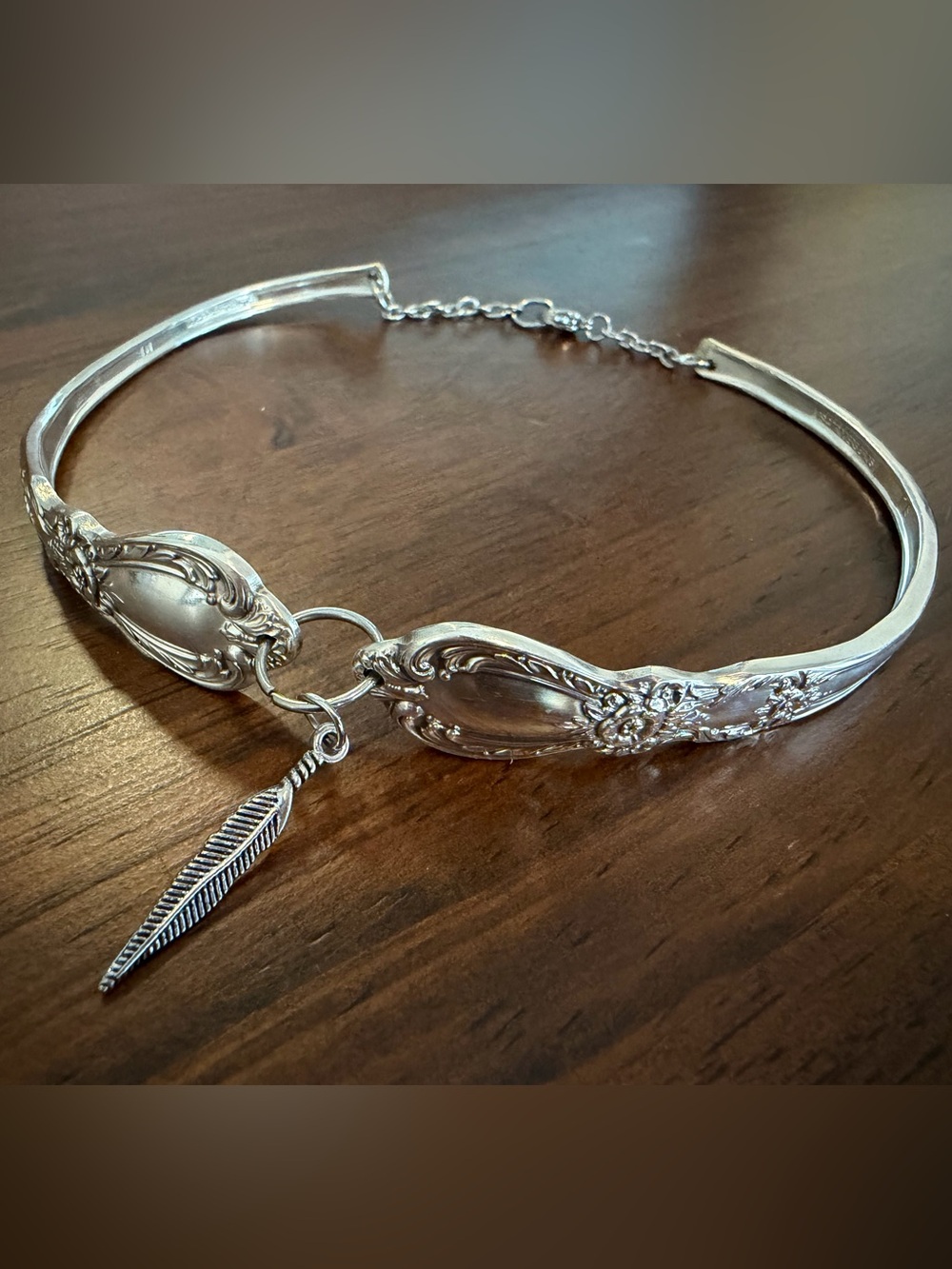 Silverware Choker Necklace with Feather Charm